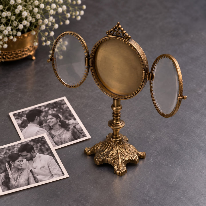 Double-Sided Round Brass Photo Frame on Stand