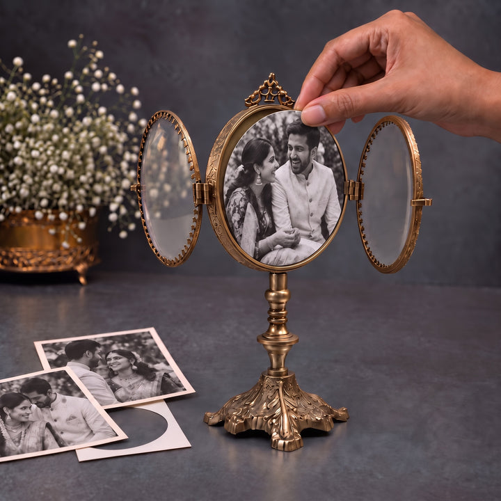 Double-Sided Round Brass Photo Frame on Stand