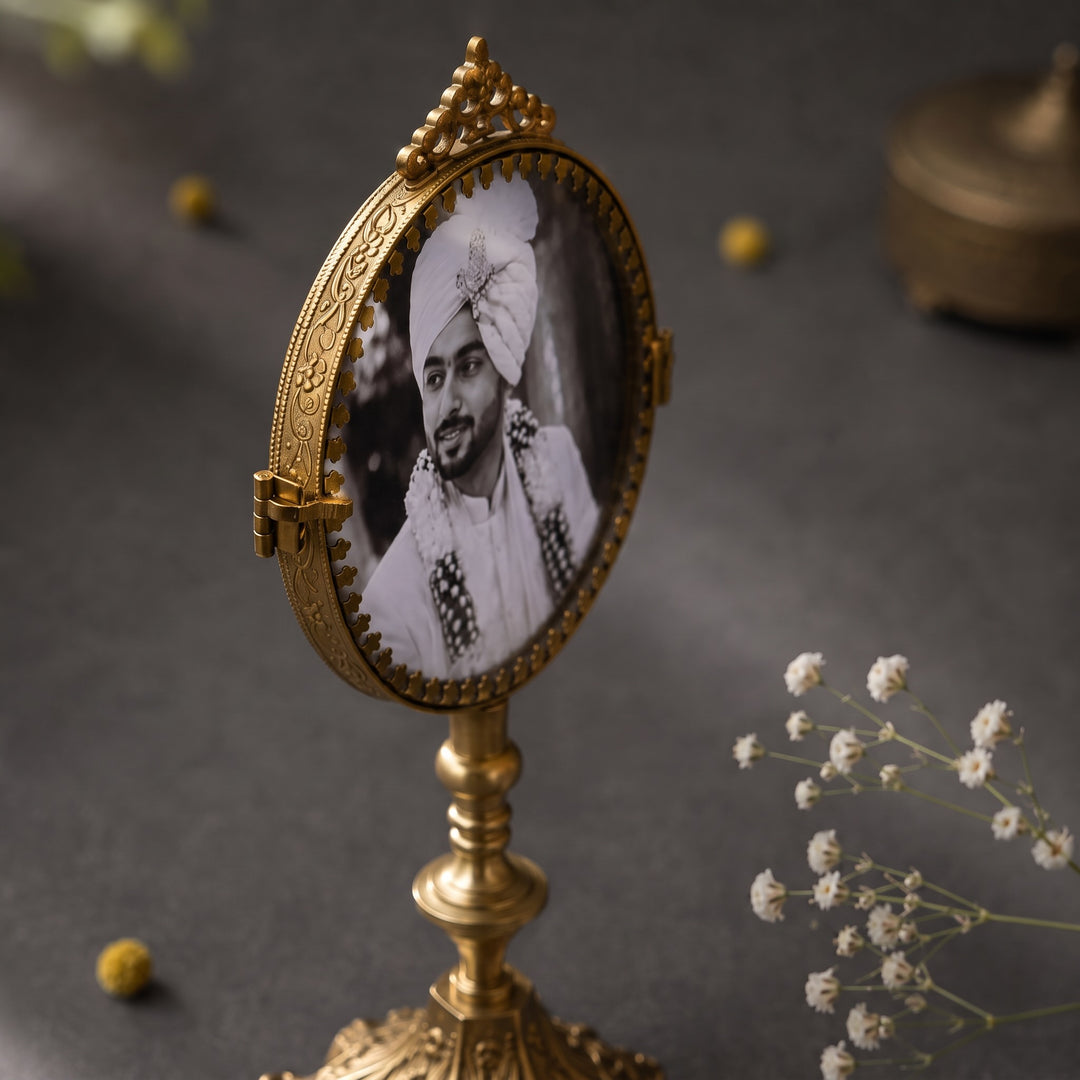 Double-Sided Round Brass Photo Frame on Stand