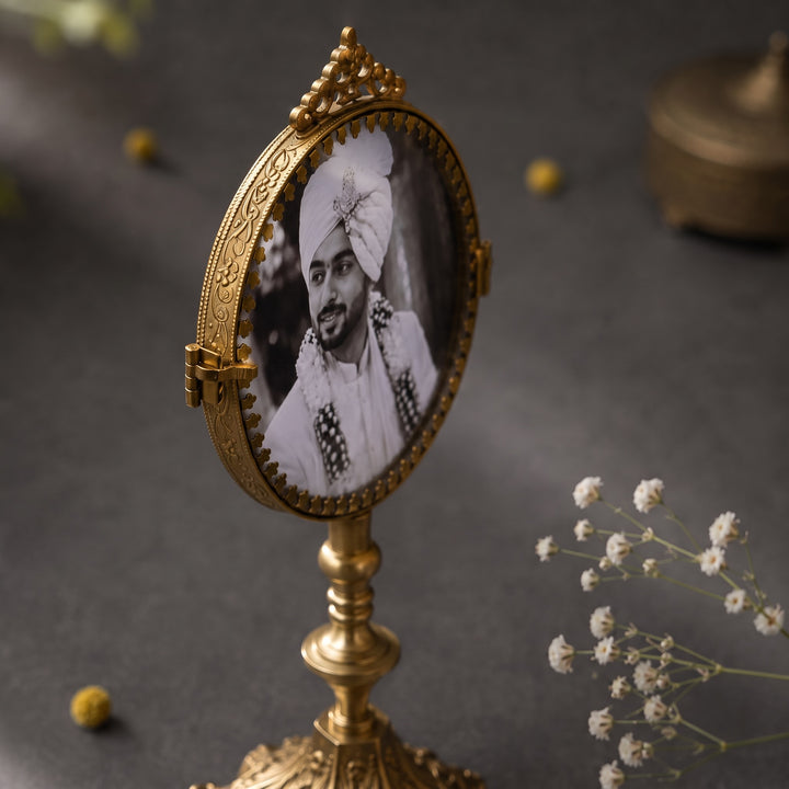 Double-Sided Round Brass Photo Frame on Stand