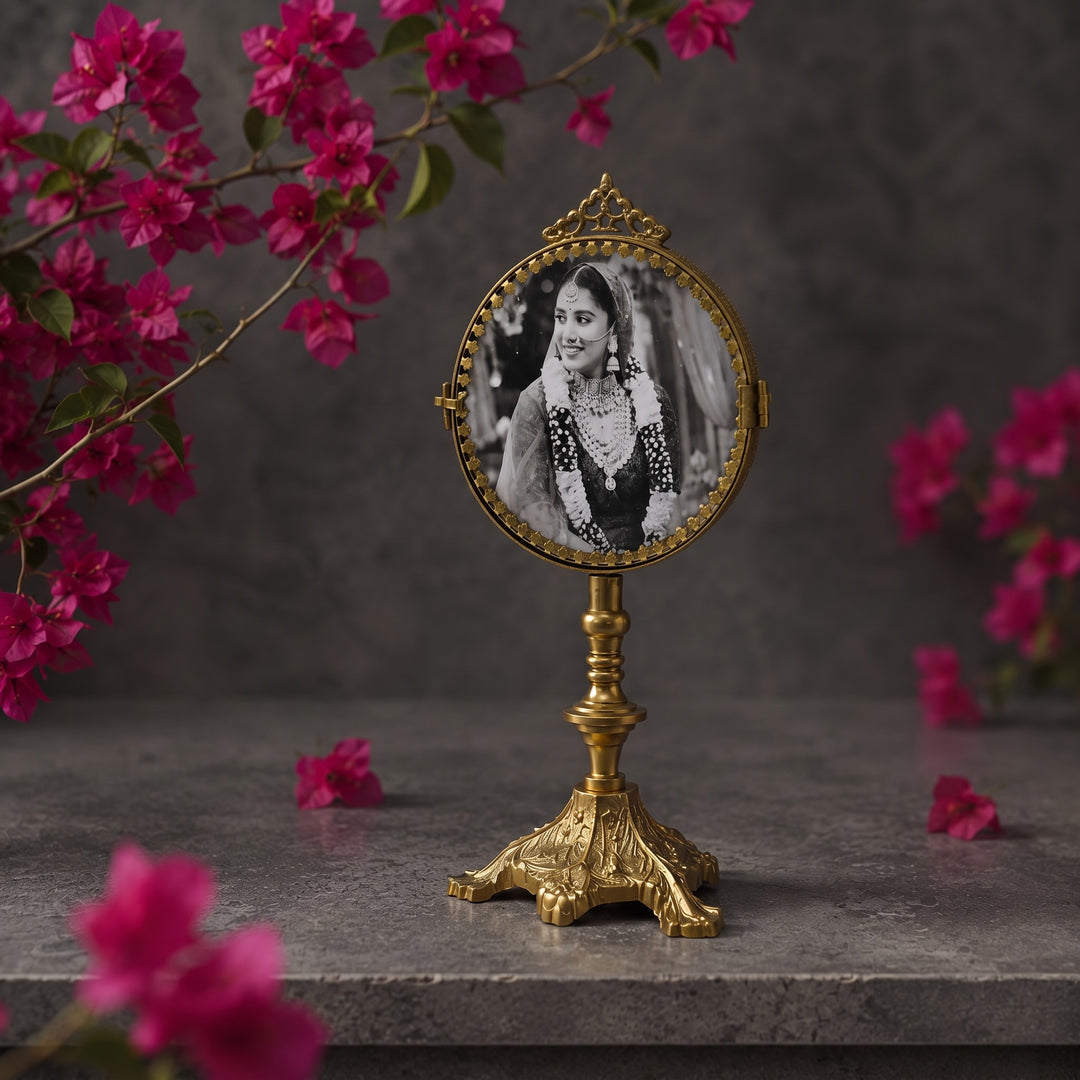 Double-Sided Round Brass Photo Frame on Stand