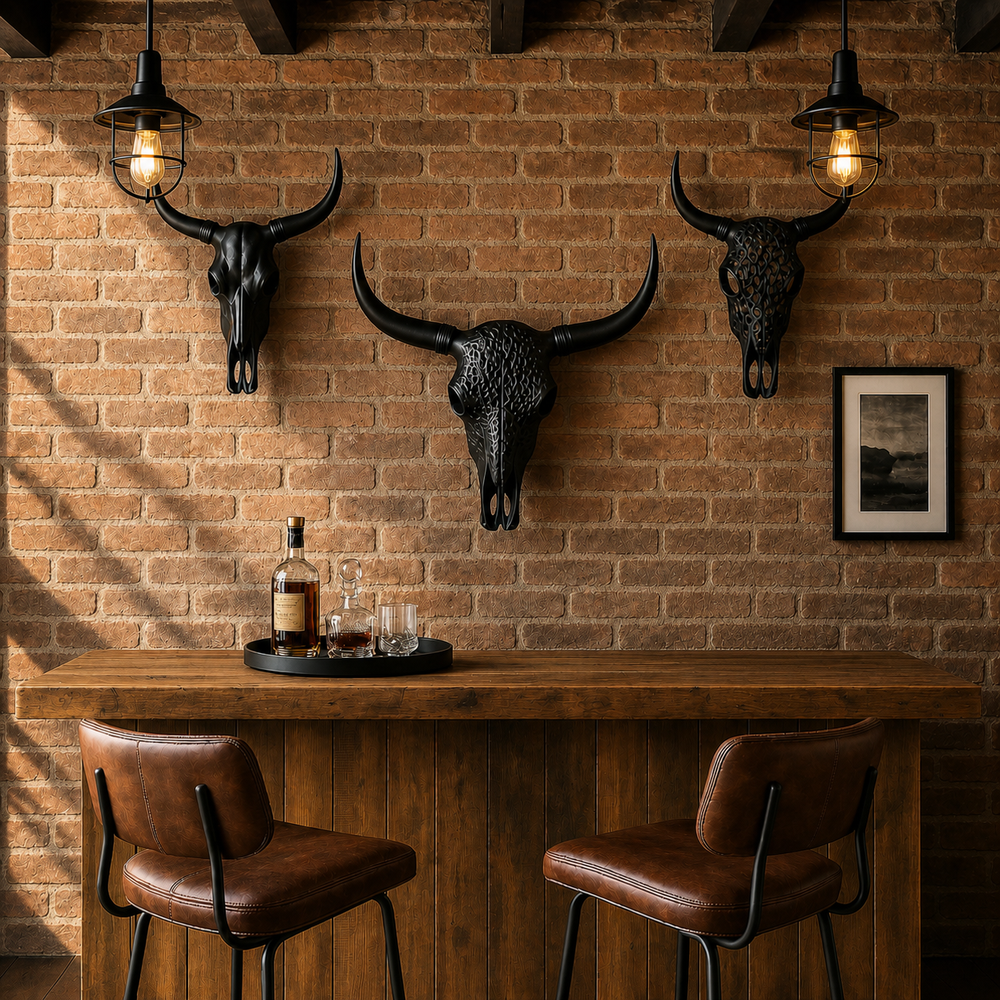 Bar area with steer sculptures on a brick wall, wooden bar, and leather chairs.