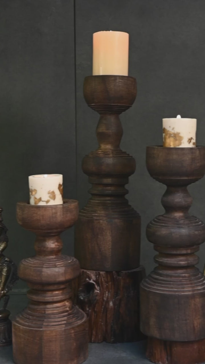 Antique Wood Pillar Candlestand Set of 3