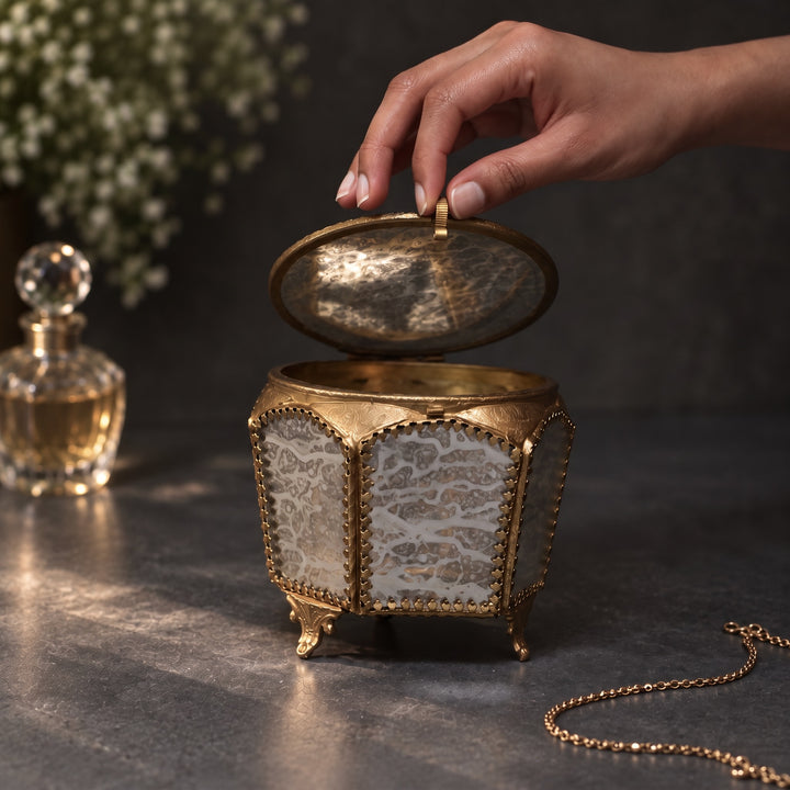 Round Glass Jewellery Box with Brass Trim