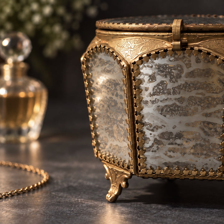 Round Glass Jewellery Box with Brass Trim