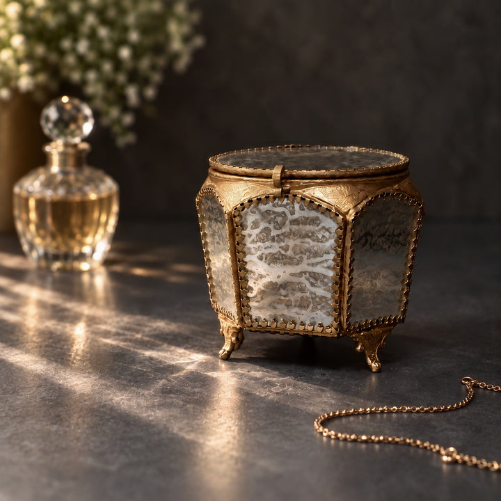 Round Glass Jewellery Box with Brass Trim