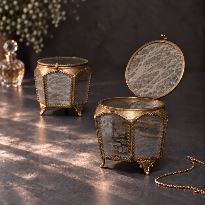 Round Glass Jewellery Box with Brass Trim