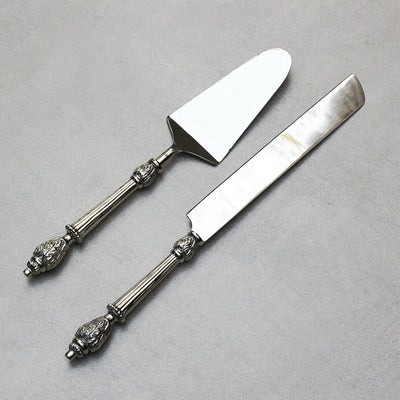 cake server and knife set with brass handles