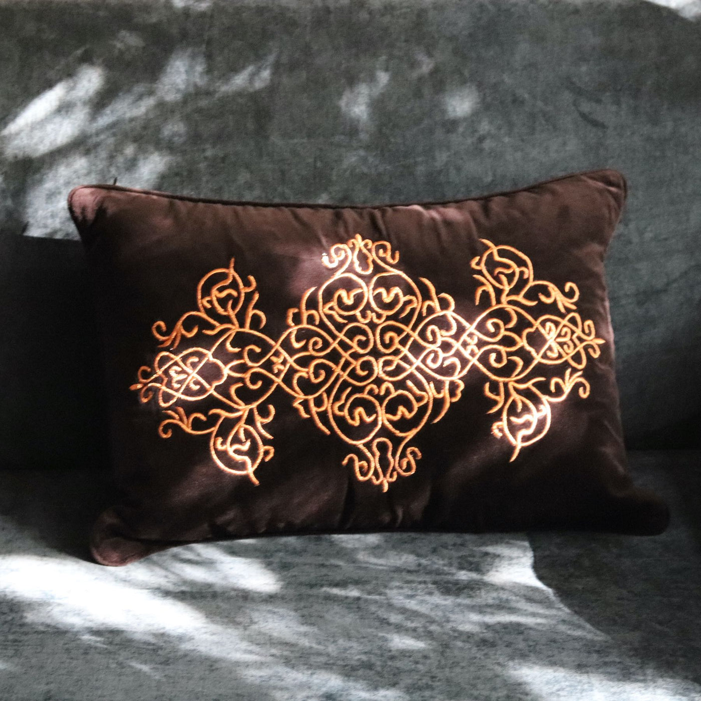 embroidered velvet cushions with a celtic pattern