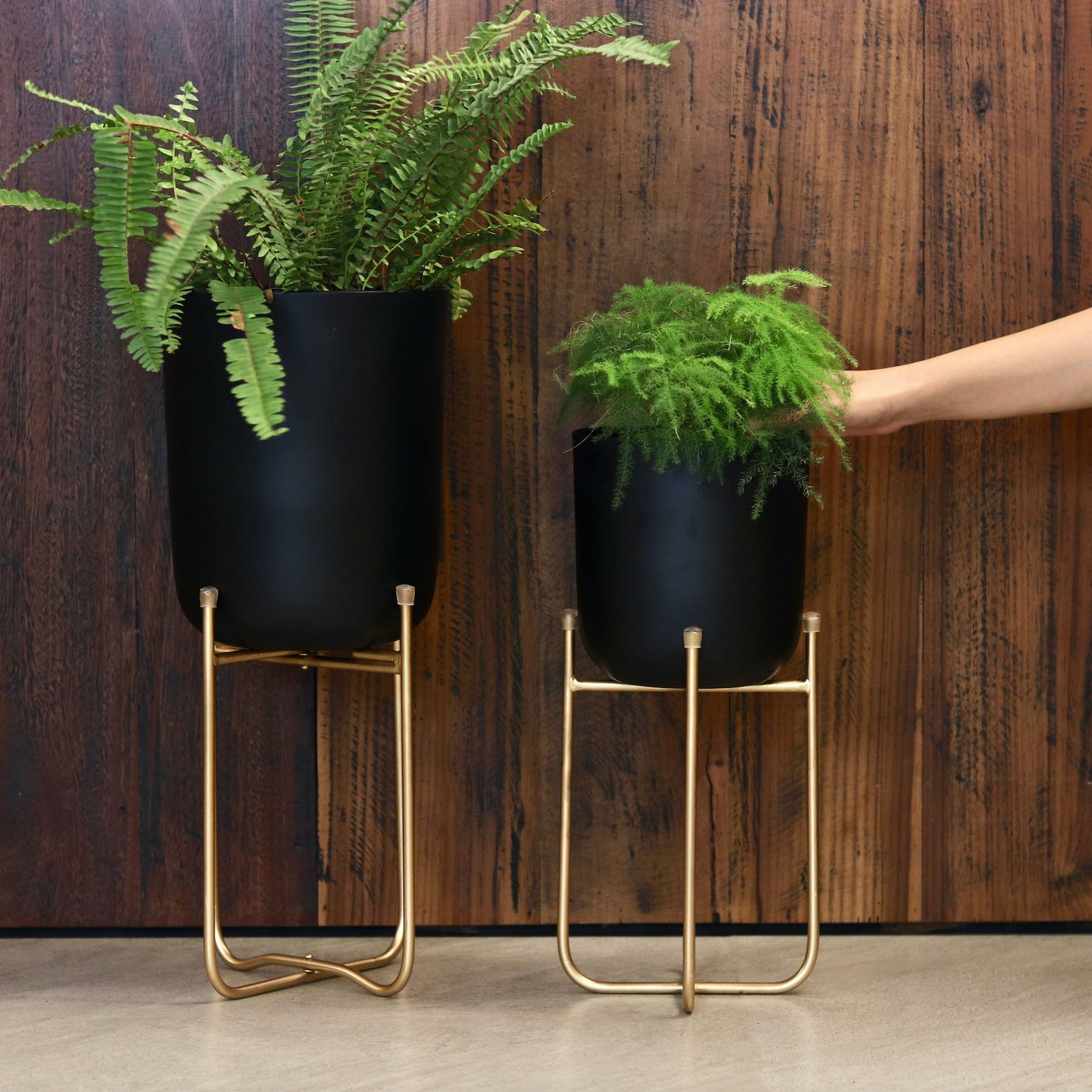 black metal planters with legs