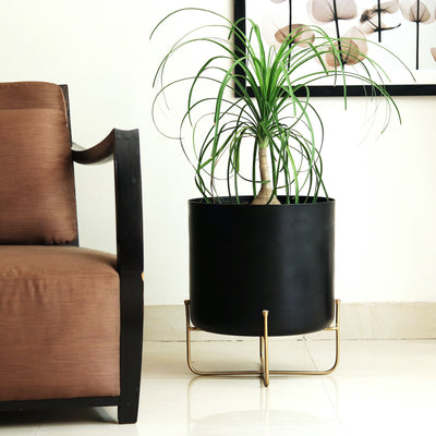 black tub metal planter with stand