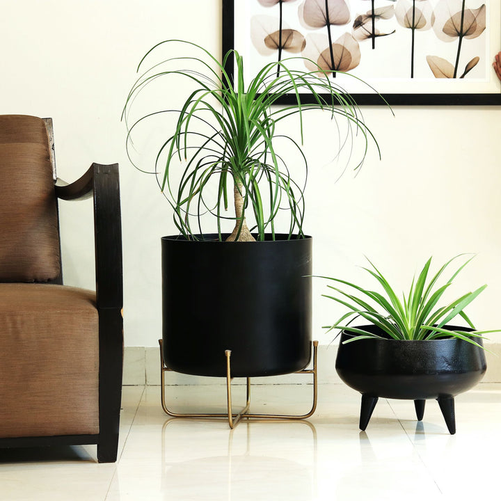 black metal planters with legs