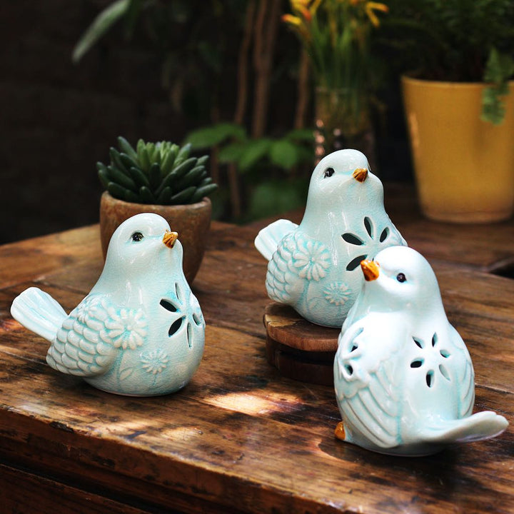 blue ceramic bird set showpiece
