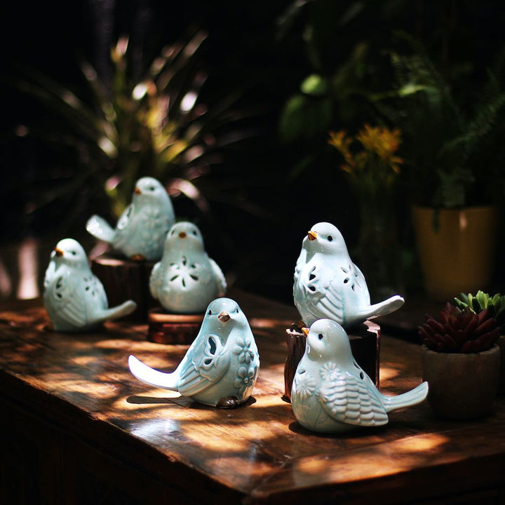 blue ceramic bird set showpiece