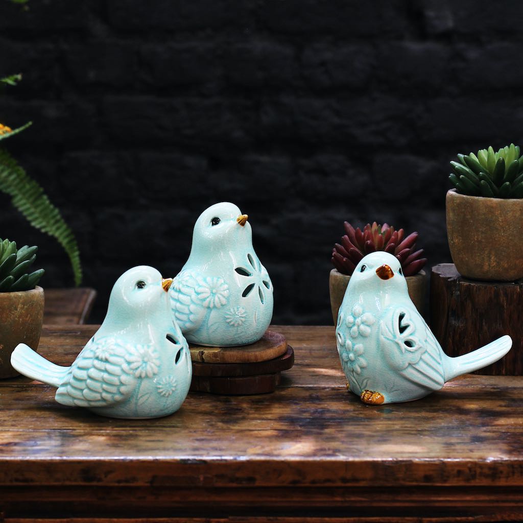 blue ceramic bird set showpiece