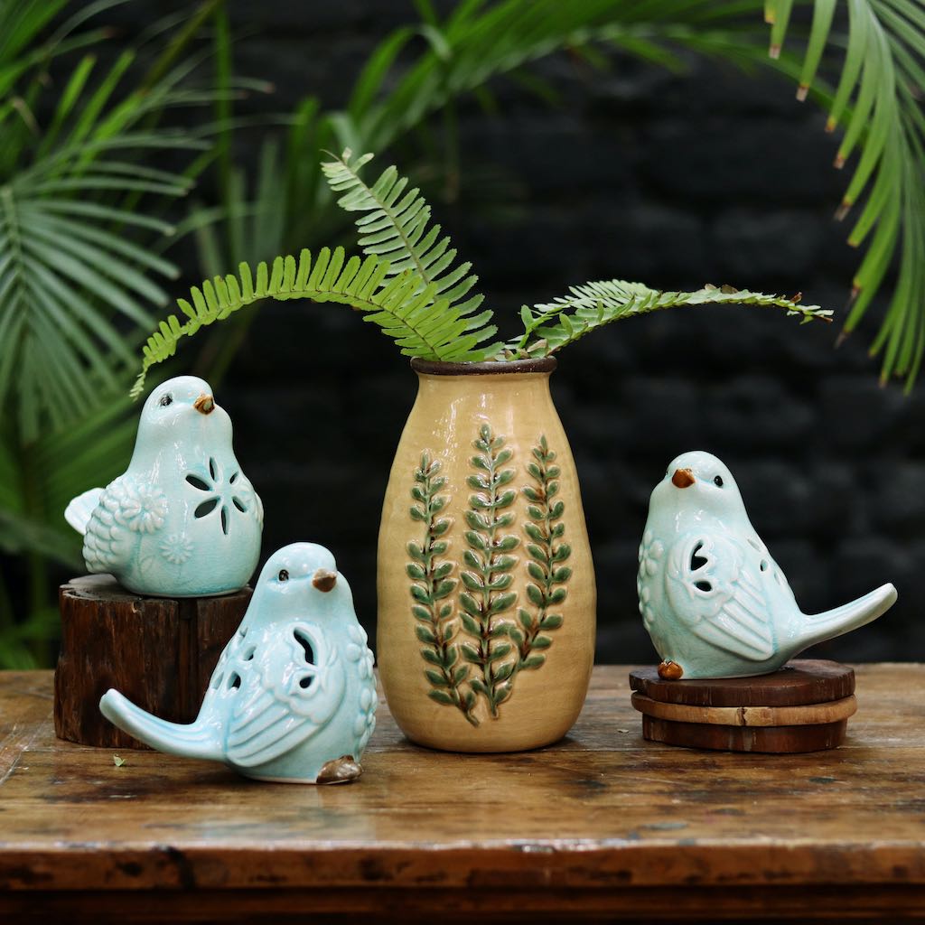 blue ceramic bird set showpiece
