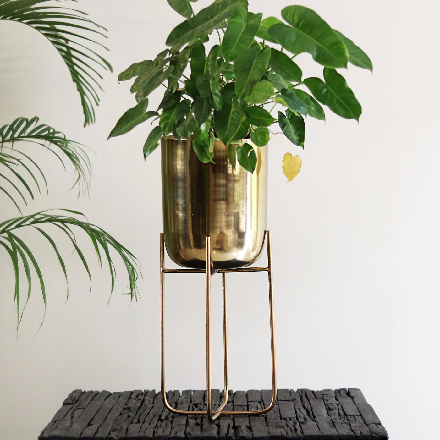 gold metal planter with stand