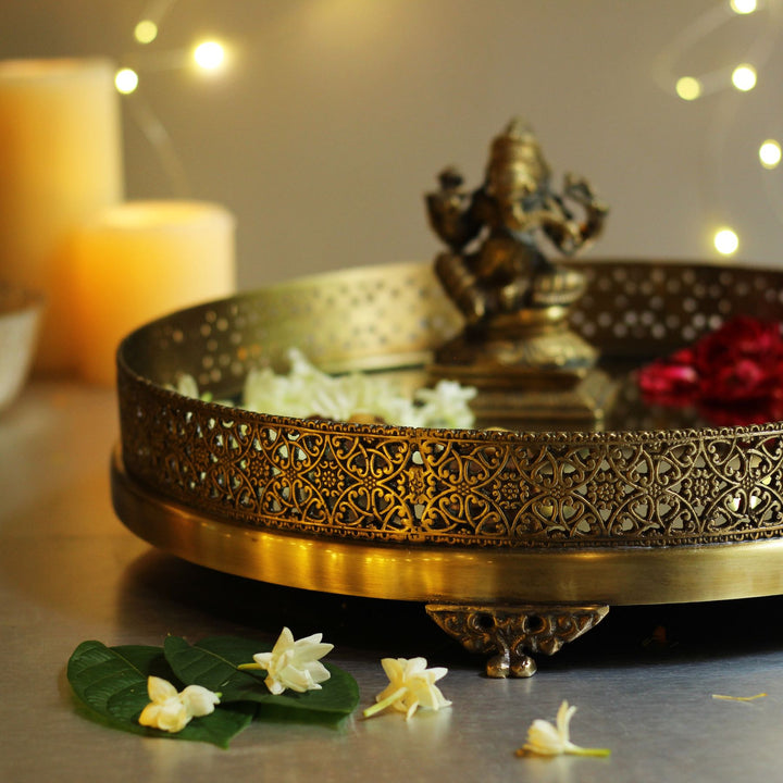 round brass mirror tray