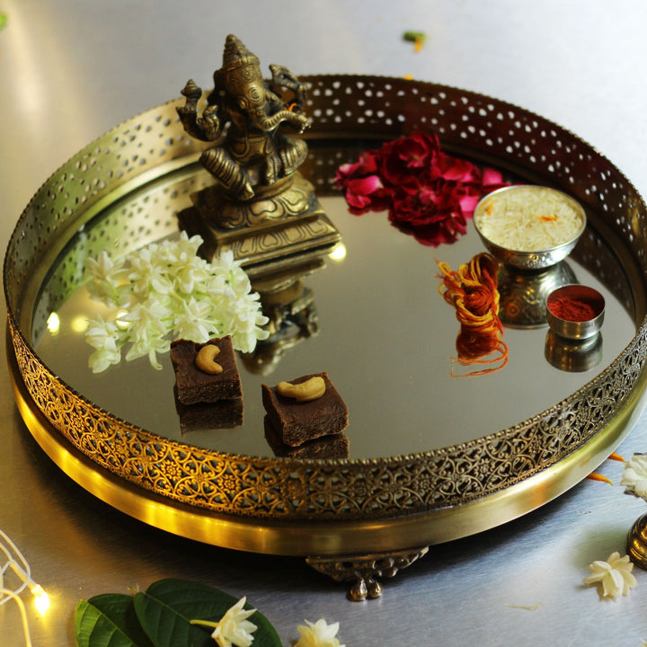 round brass mirror tray
