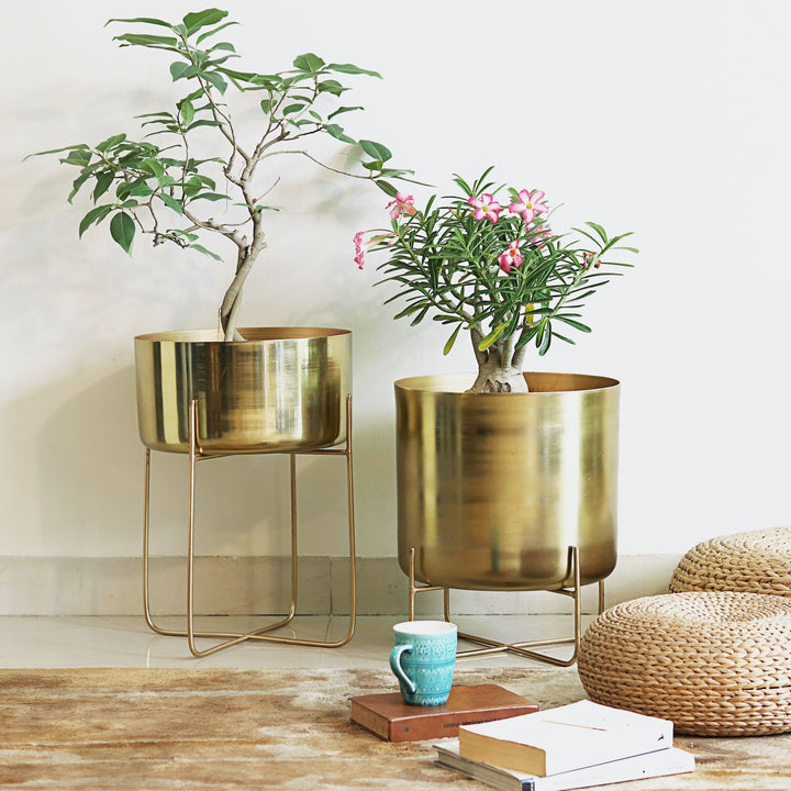 golden brass metal planter with legs