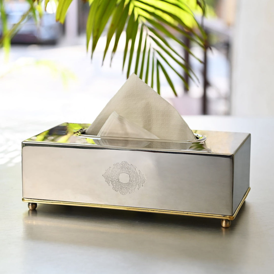 brass and steel tissue box