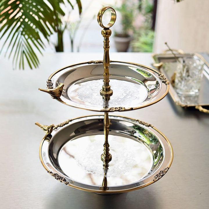 tiered serving platter made of stainless steel and brass