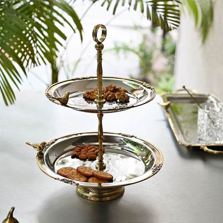 tiered serving platter made of stainless steel and brass