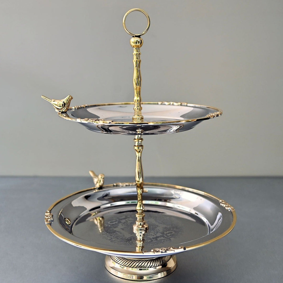 tiered serving platter made of stainless steel and brass
