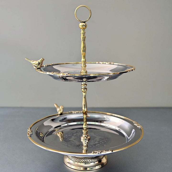 tiered serving platter made of stainless steel and brass