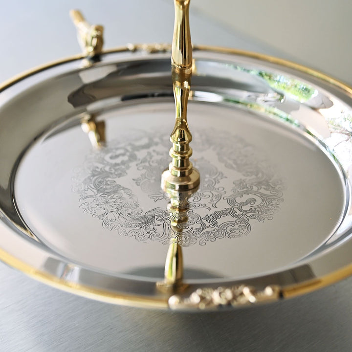 tiered serving platter made of stainless steel and brass