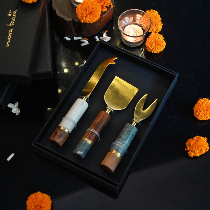 brass and wood cheese knife set