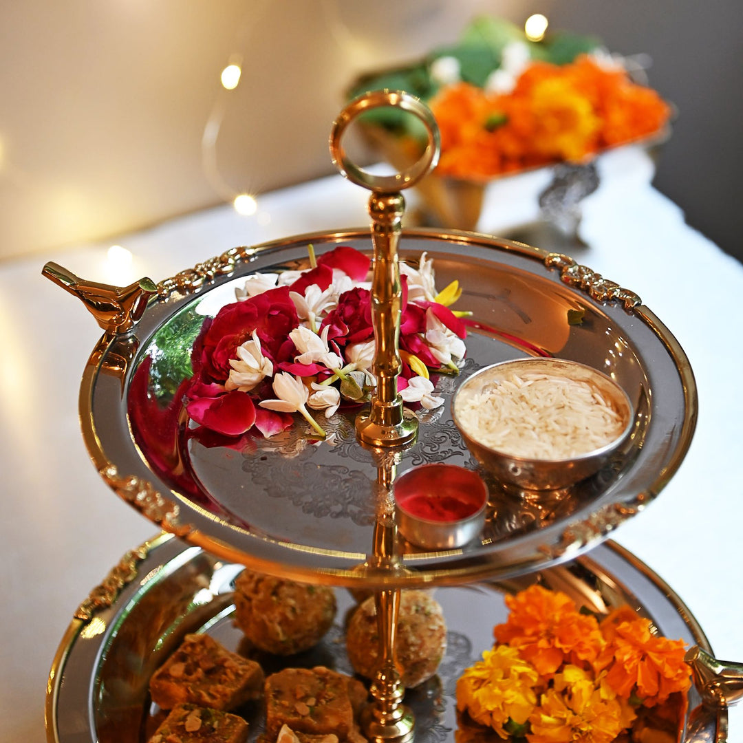 tiered serving platter made of stainless steel and brass