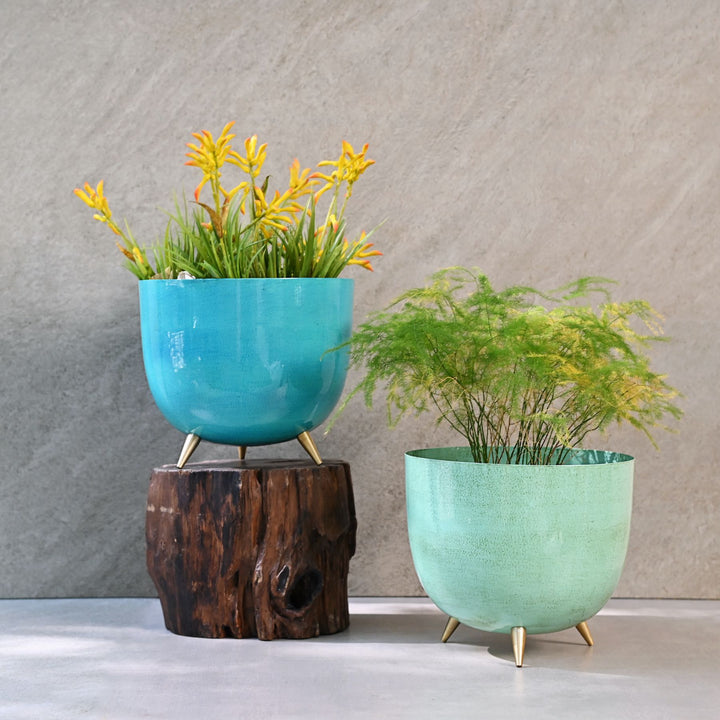 blue metal planter
