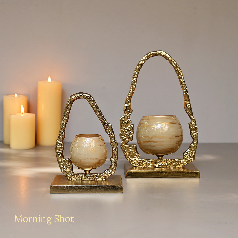 golden glass candle holder pair with handle