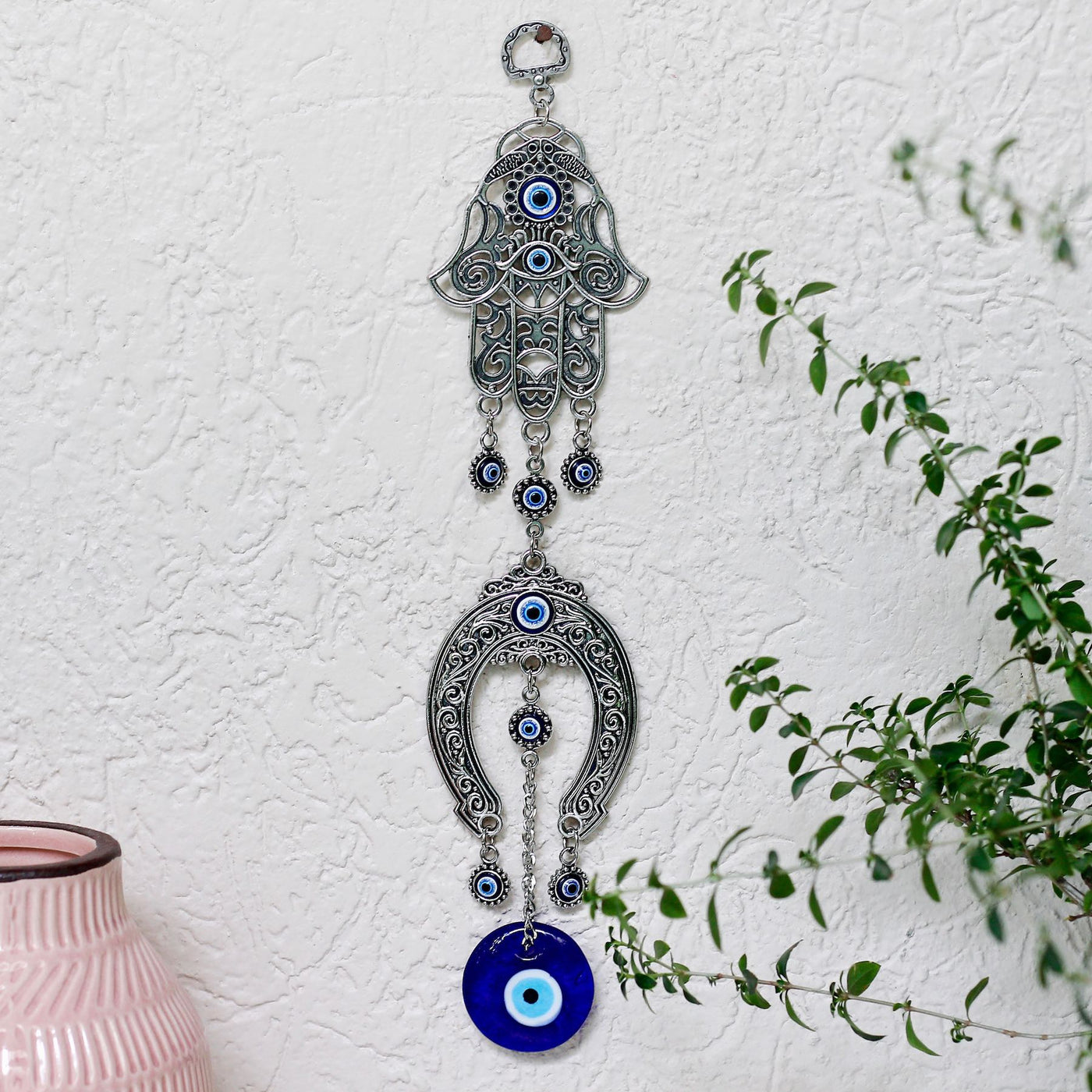Turkish hanging horse shoe evil eye charm with blue glass