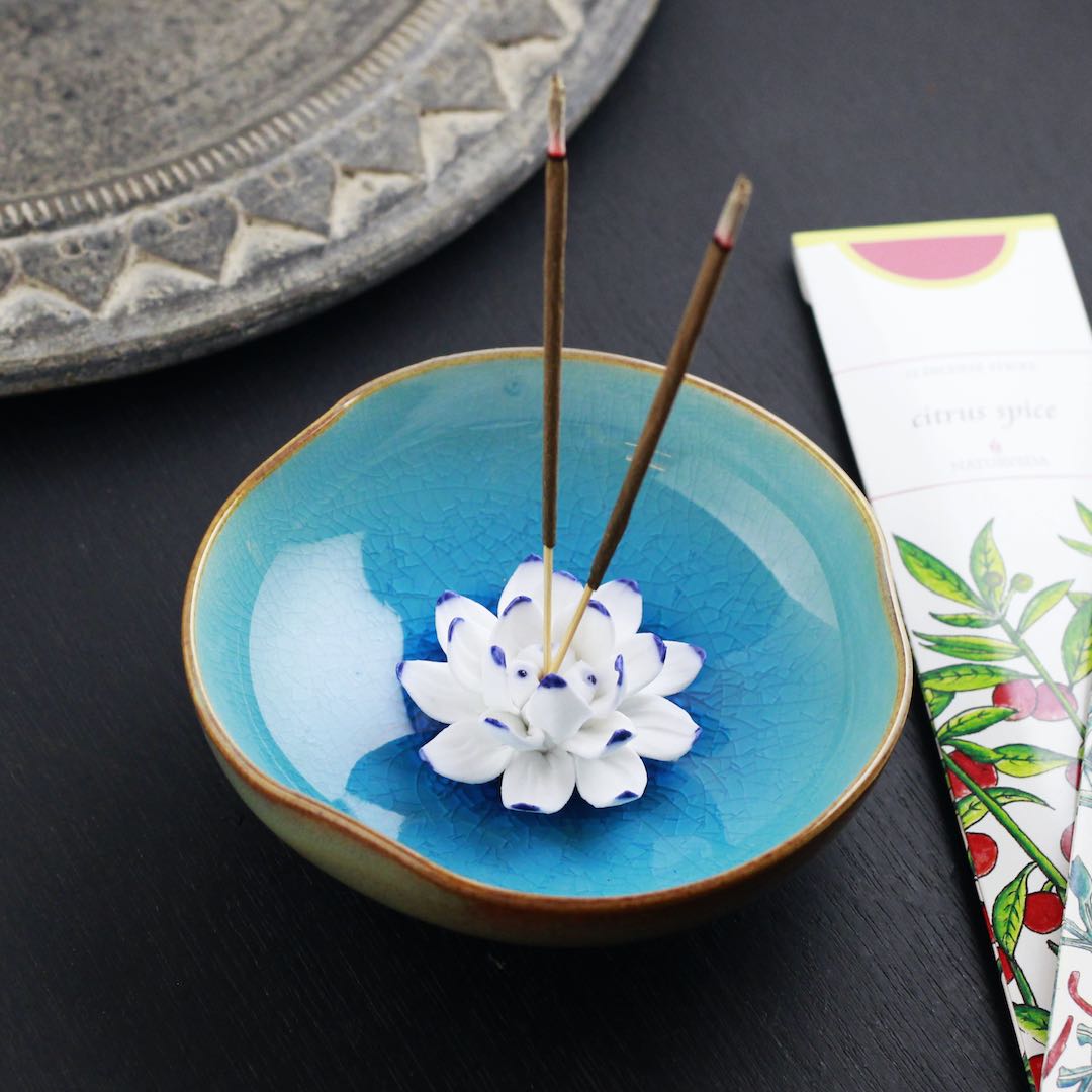 blue ceramic incense stick holder