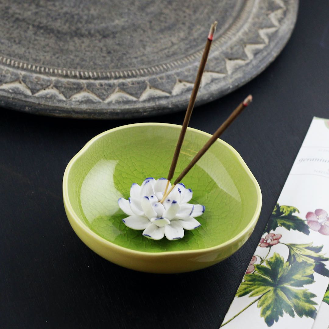 green ceramic incense stick holder