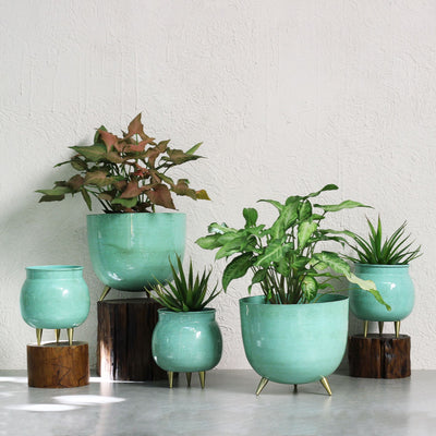 blue metal plant pots