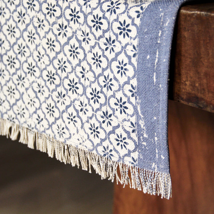 block-printed blue table runner