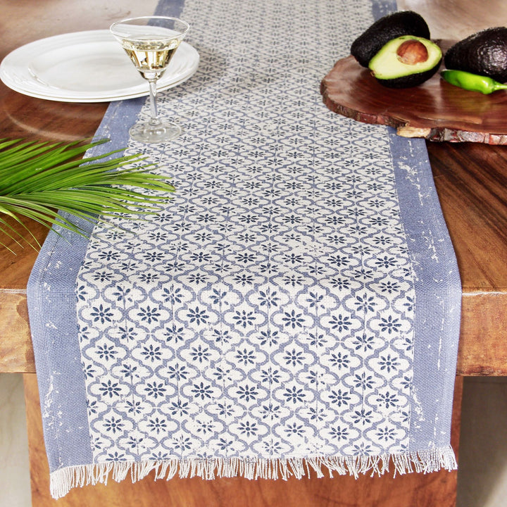 block-printed blue table runner