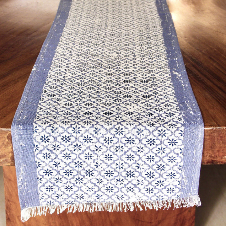 block-printed blue table runner