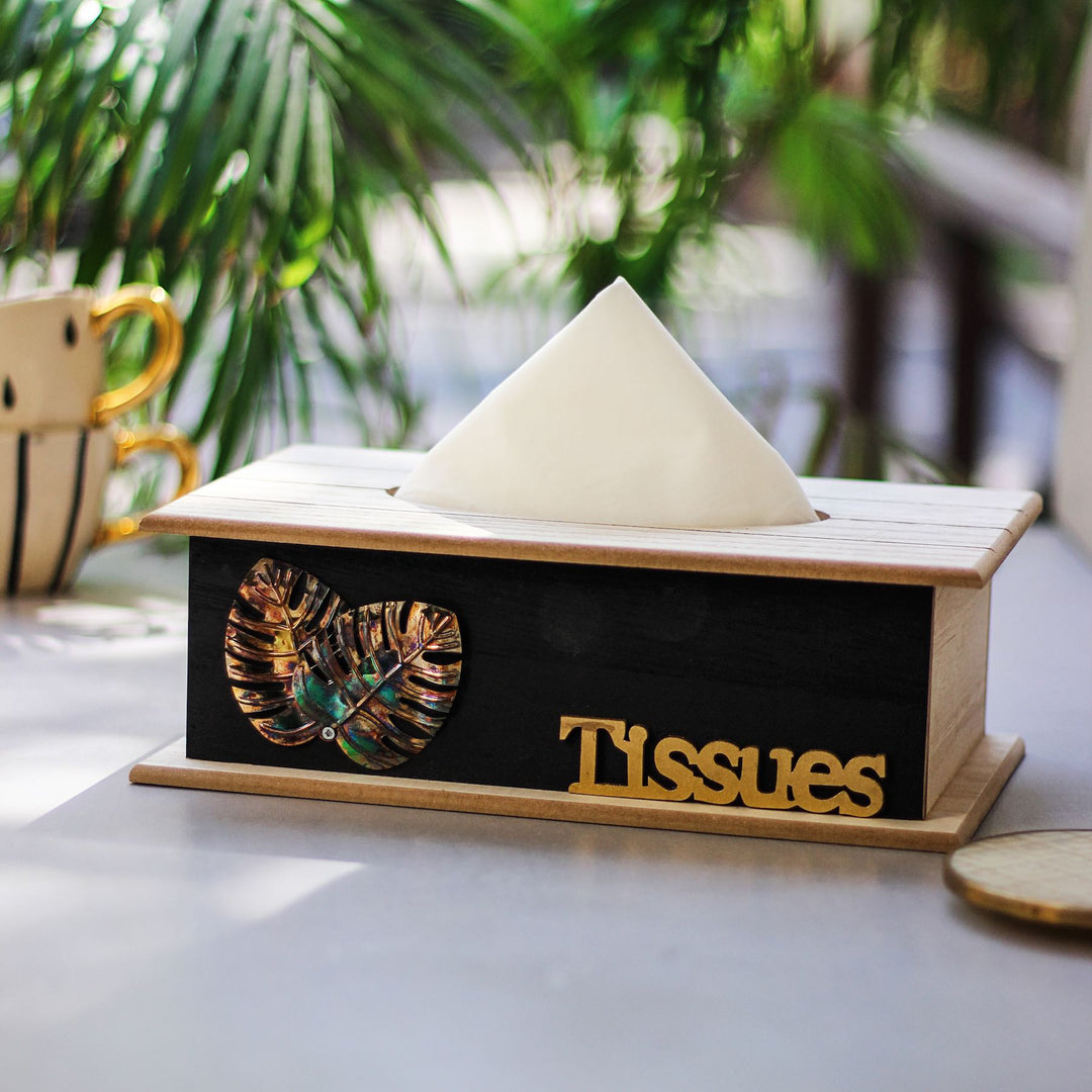 wooden tissue box with metal leaf