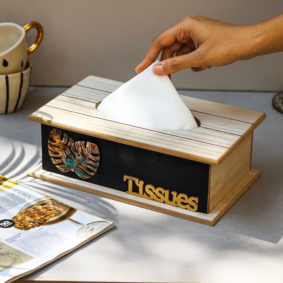 wooden tissue box with metal leaf