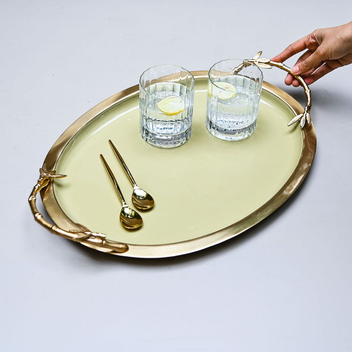 gold & green oval tray with handles