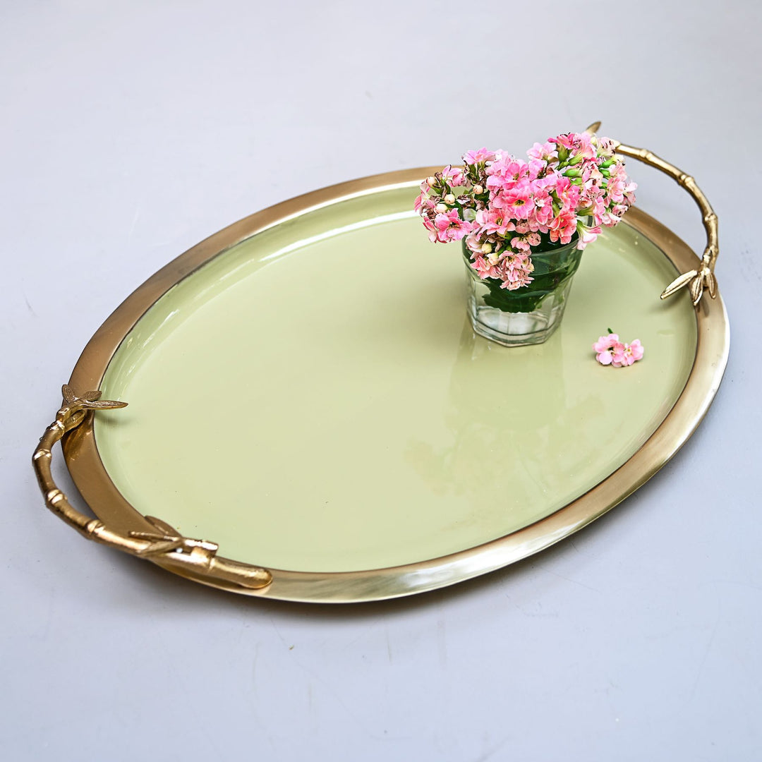 gold & green oval tray with handles