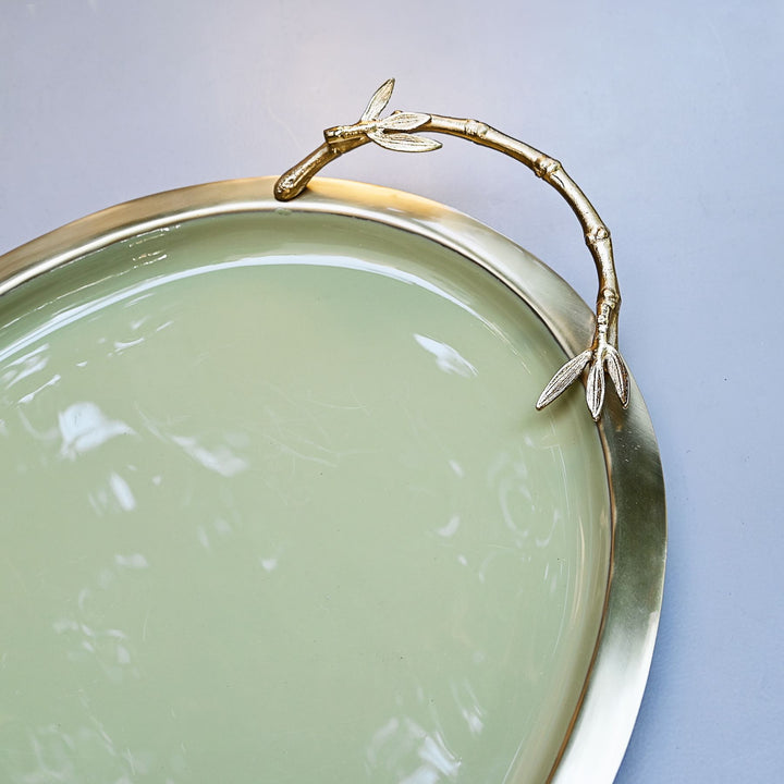 gold & green oval tray with handles