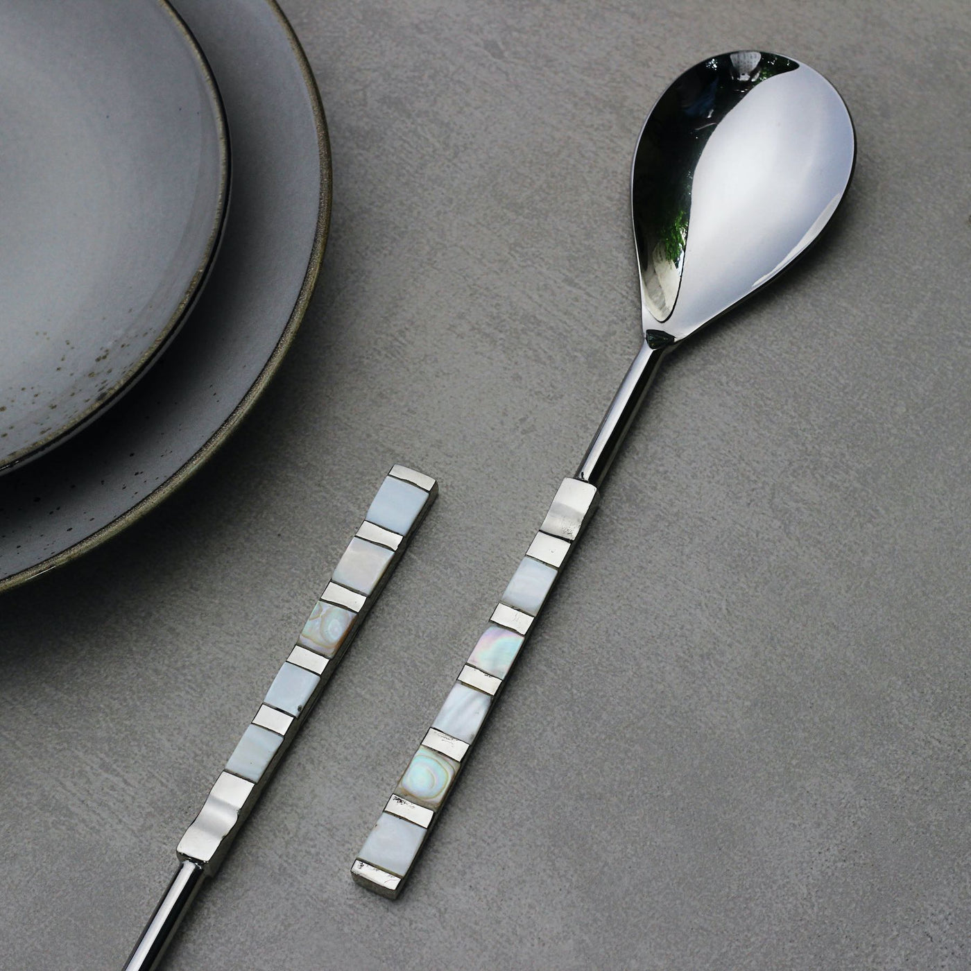 stainless steel serving cutlery with mother of pearl inlay