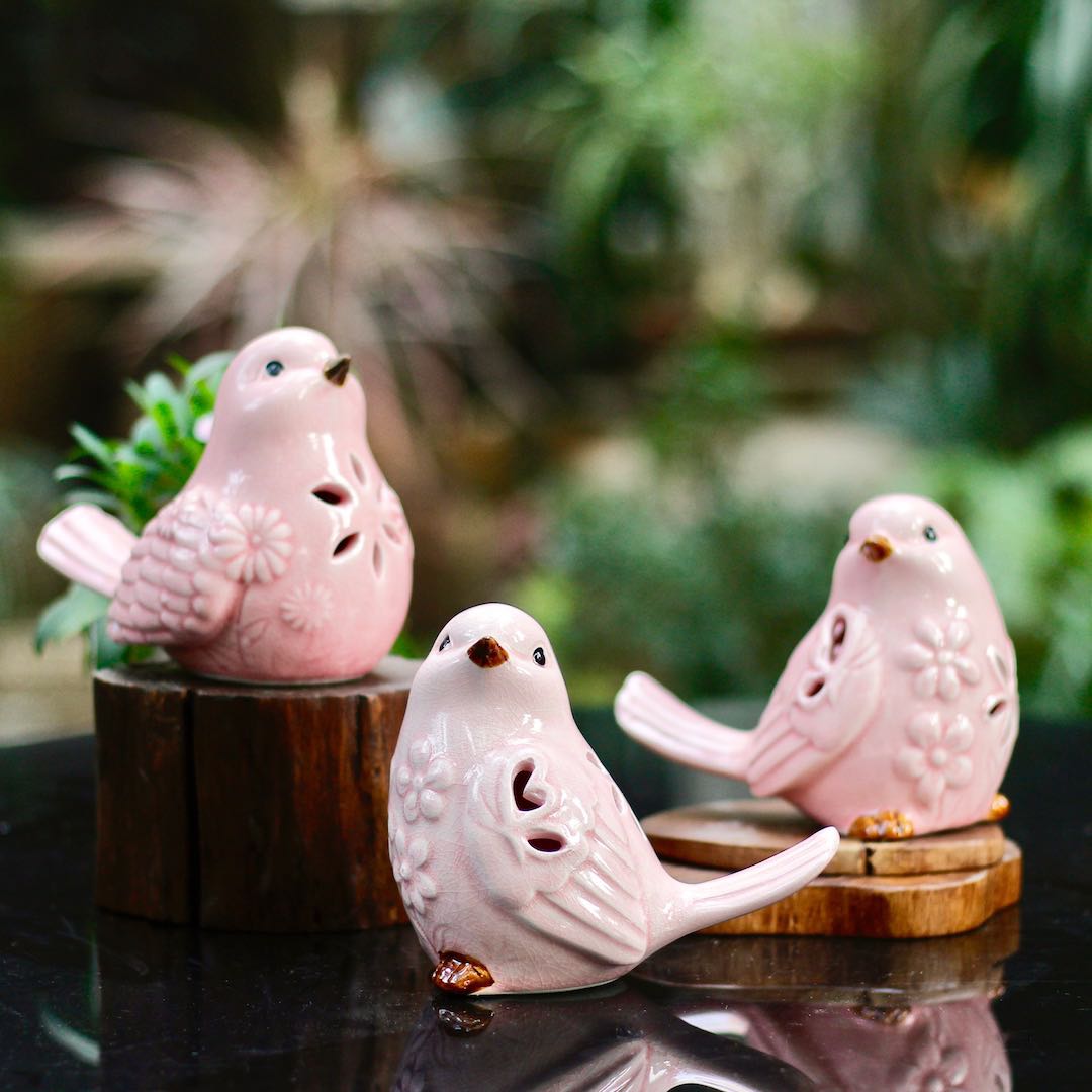 Pink Ceramic Birds Set of 3  Animal Figurine – Mora Taara