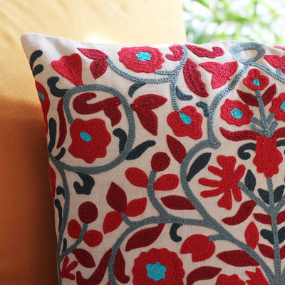 embroidered pink floral cushion cover