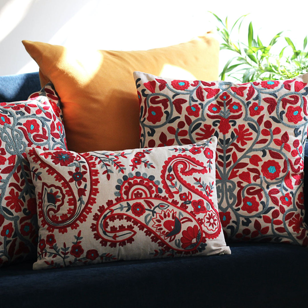 embroidered pink floral cushion cover